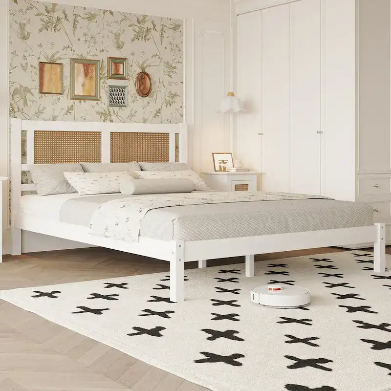 Wooden Platform Bed with Natural Rattan Headboard