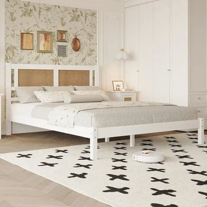 Wooden Platform Bed with Natural Rattan Headboard