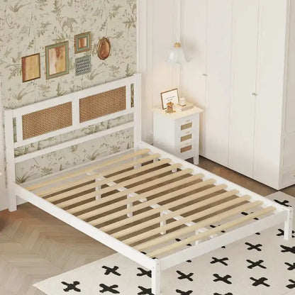Wooden Platform Bed with Natural Rattan Headboard