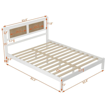 Wooden Platform Bed with Natural Rattan Headboard