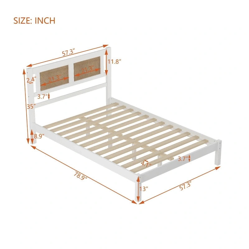 Wooden Platform Bed with Natural Rattan Headboard