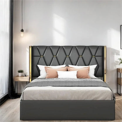 Full Size Leather Upholstered Platform Bed with Wood Frame