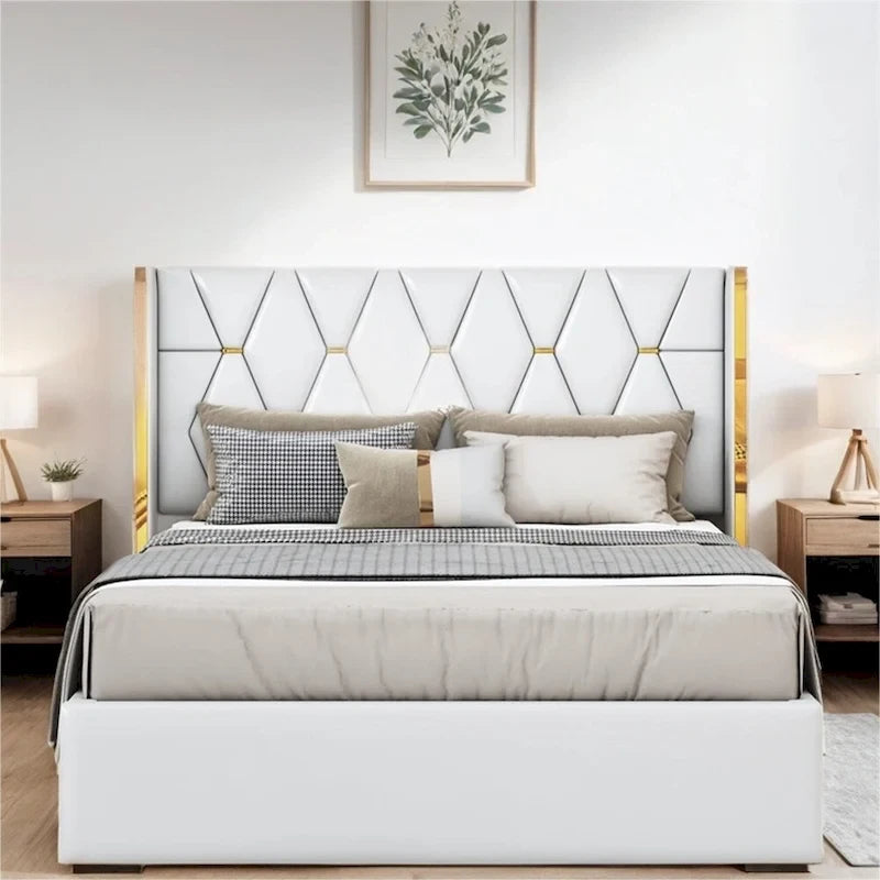 Full Size Leather Upholstered Platform Bed with Wood Frame