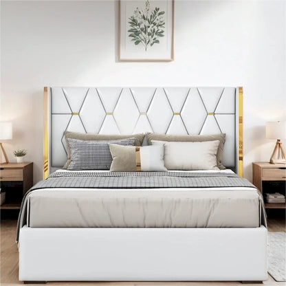 Full Size Leather Upholstered Platform Bed with Wood Frame