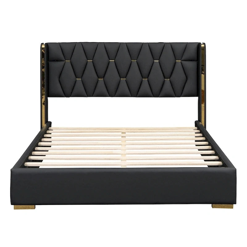 Full Size Leather Upholstered Platform Bed with Wood Frame