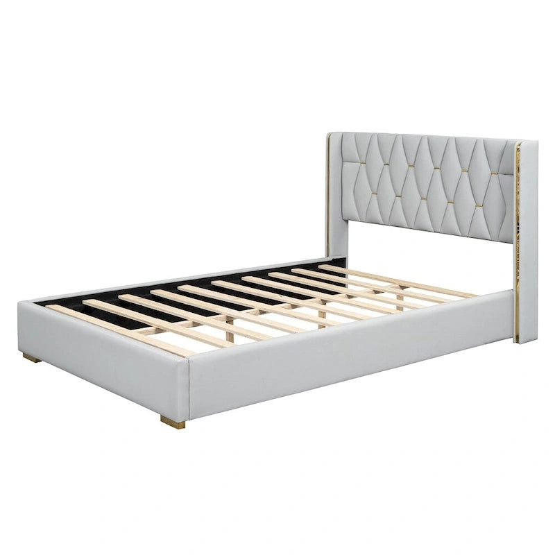 Full Size Leather Upholstered Platform Bed with Wood Frame