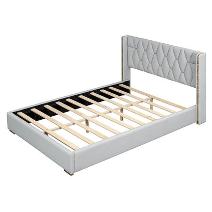 Full Size Leather Upholstered Platform Bed with Wood Frame