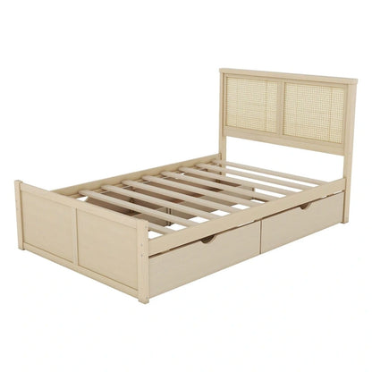Harper&Bright Designs Rattan Headboard Storage Platform Bed with 4 Drawers