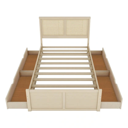 Harper&Bright Designs Rattan Headboard Storage Platform Bed with 4 Drawers