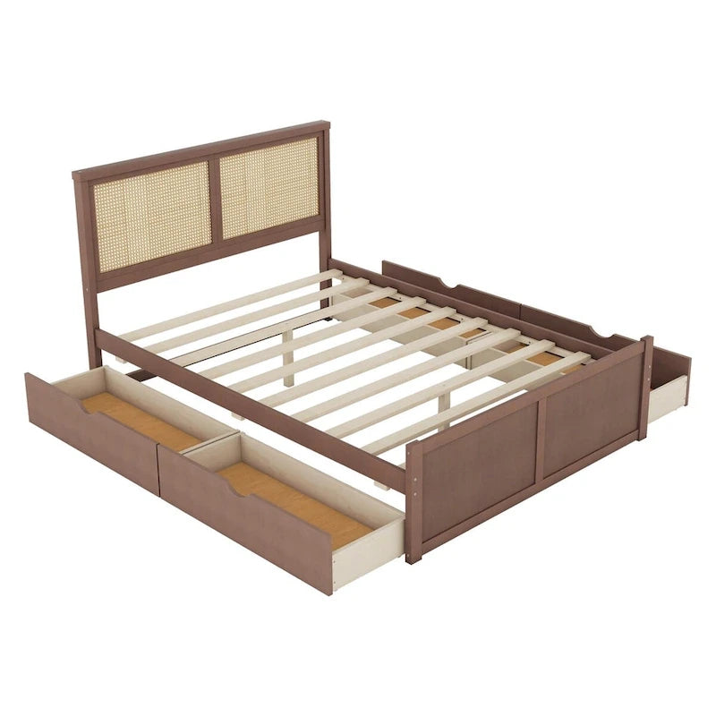 Harper&Bright Designs Rattan Headboard Storage Platform Bed with 4 Drawers