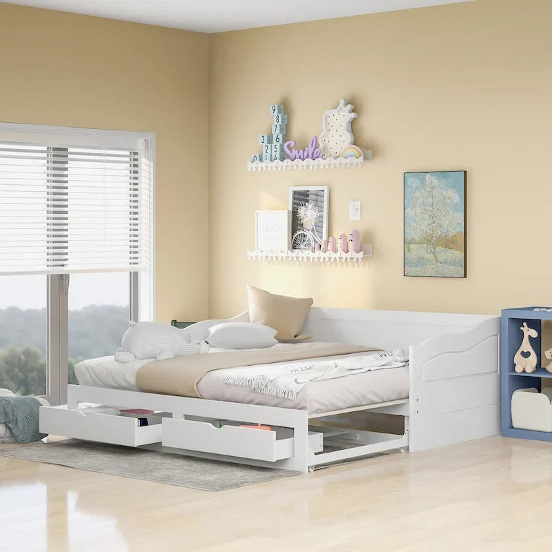 Wooden Daybed with Trundle Bed and Two Storage Drawers