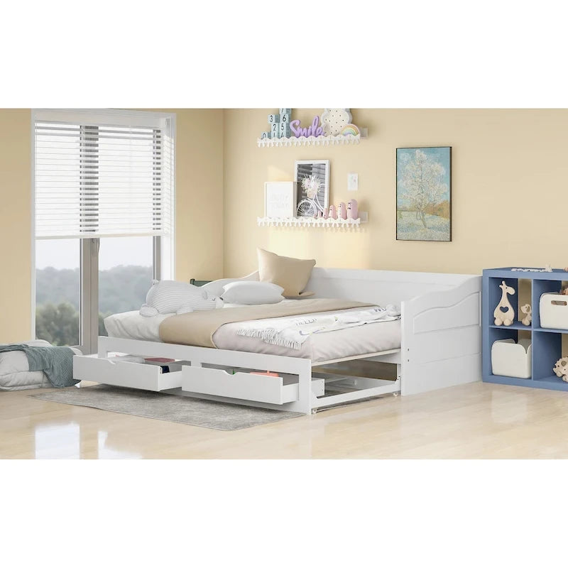 Wooden Daybed with Trundle Bed and Two Storage Drawers