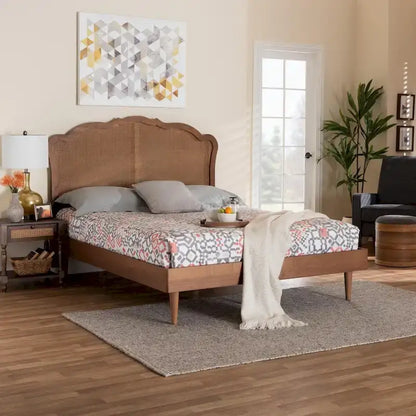 Camden Mid-Century Walnut Brown Wood and Rattan Platform Bed