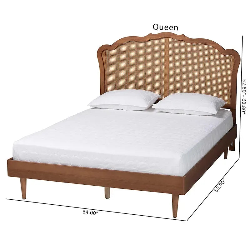 Camden Mid-Century Walnut Brown Wood and Rattan Platform Bed
