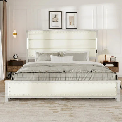 King Bed Frame with Headboard&Charging Station, 4 Drawers, LED Lights, Wood Slats, Faux Leather & Rivets, No Box Spring Needed