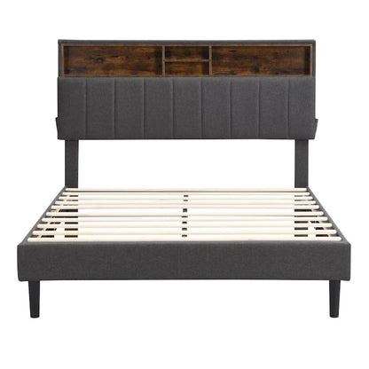Upholstered Platform Bed with Storage Headboard and USB Port