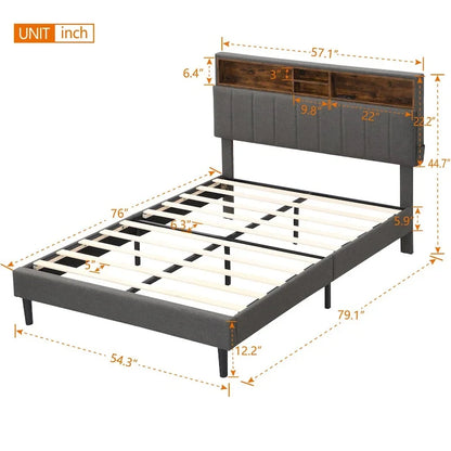 Upholstered Platform Bed with Storage Headboard and USB Port