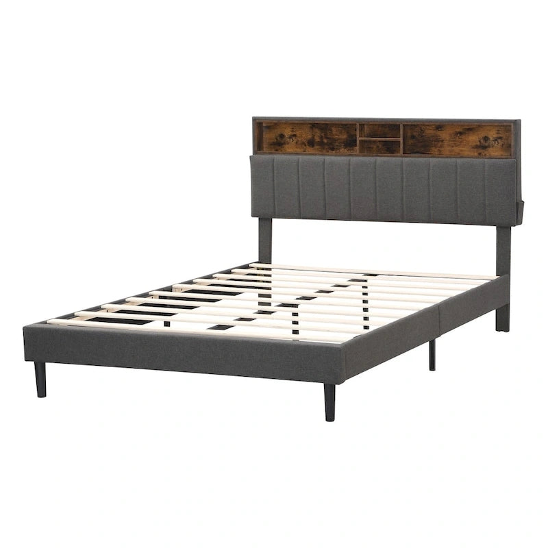 Upholstered Platform Bed with Storage Headboard and USB Port