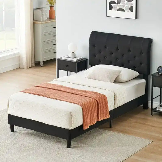 Twin Size Bed Frame with Curved Upholstered Headboard