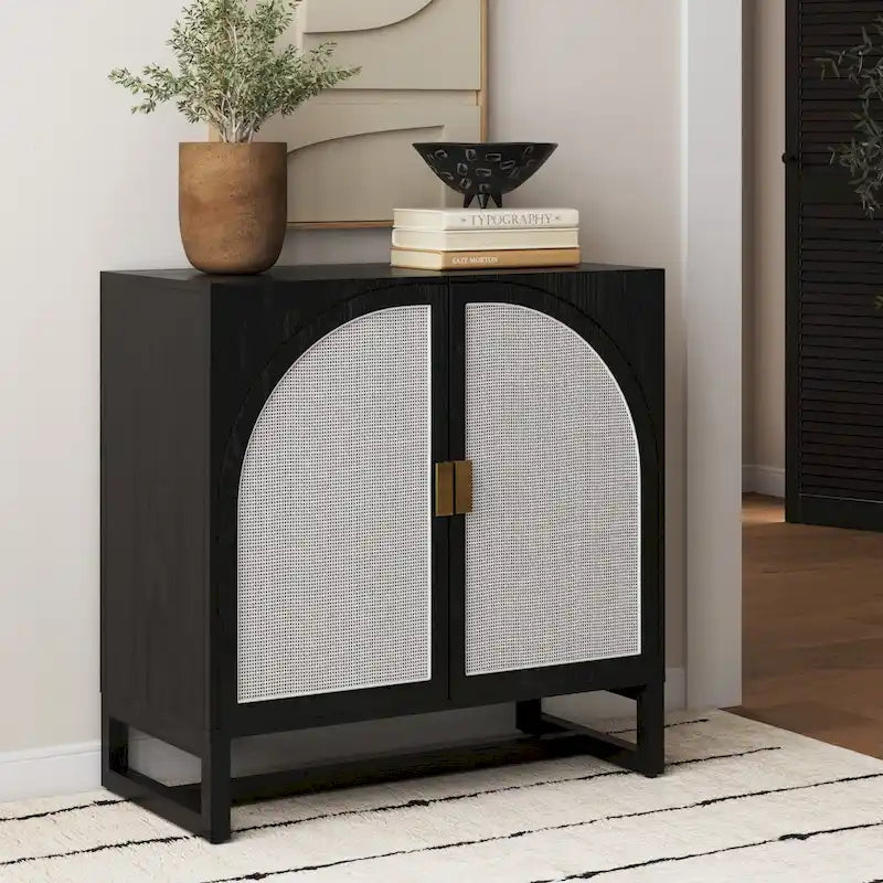 Paxton Boho Wood Storage Cabinet with Doors, Small Storage Cabinet or TV Stand with Rattan Door Details