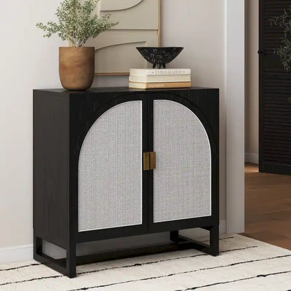 Paxton Boho Wood Storage Cabinet with Doors, Small Storage Cabinet or TV Stand with Rattan Door Details