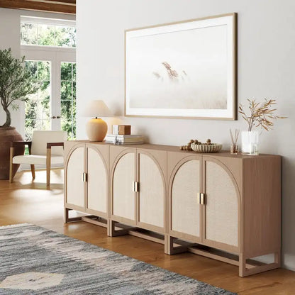 Paxton Boho Wood Storage Cabinet with Doors, Small Storage Cabinet or TV Stand with Rattan Door Details