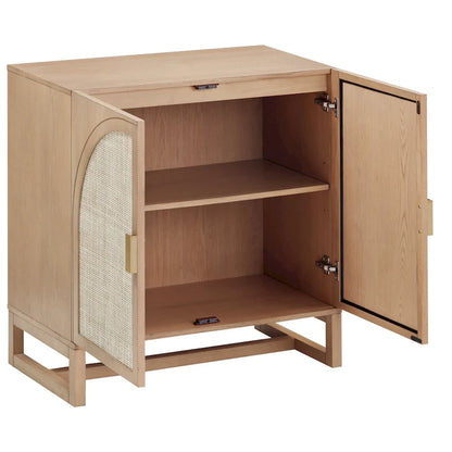 Paxton Boho Wood Storage Cabinet with Doors, Small Storage Cabinet or TV Stand with Rattan Door Details