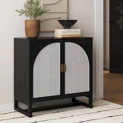 Paxton Boho Wood Storage Cabinet with Doors, Small Storage Cabinet or TV Stand with Rattan Door Details