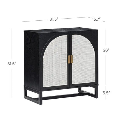 Paxton Boho Wood Storage Cabinet with Doors, Small Storage Cabinet or TV Stand with Rattan Door Details
