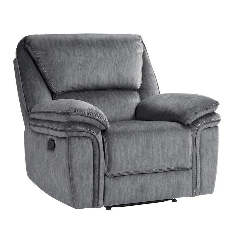 Muir 38 Inch Manual Recliner Chair, Tufted Back Gray Microfiber, Solid Wood