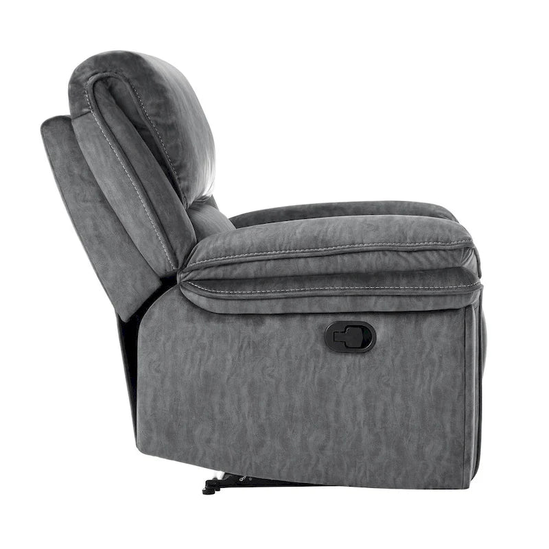 Muir 38 Inch Manual Recliner Chair, Tufted Back Gray Microfiber, Solid Wood