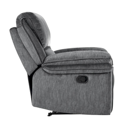 Muir 38 Inch Manual Recliner Chair, Tufted Back Gray Microfiber, Solid Wood