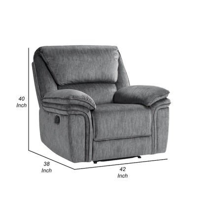 Muir 38 Inch Manual Recliner Chair, Tufted Back Gray Microfiber, Solid Wood