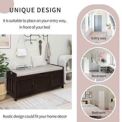 Storage Bench with 3 Shutter-shaped Doors, Shoe Bench with Removable Cushion and Hidden Storage Space