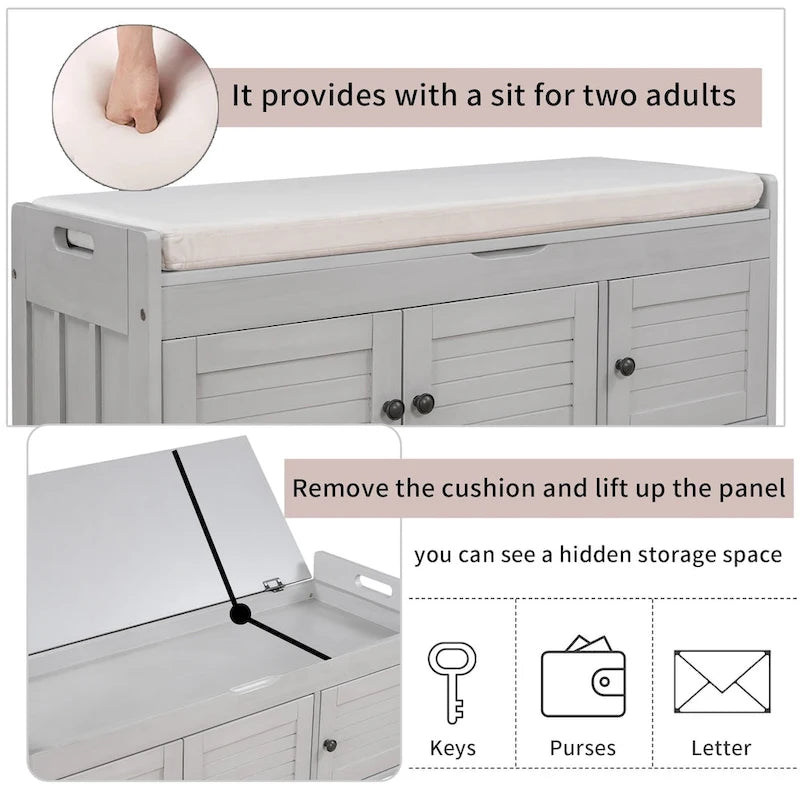 Storage Bench with 3 Shutter-shaped Doors, Shoe Bench with Removable Cushion and Hidden Storage Space