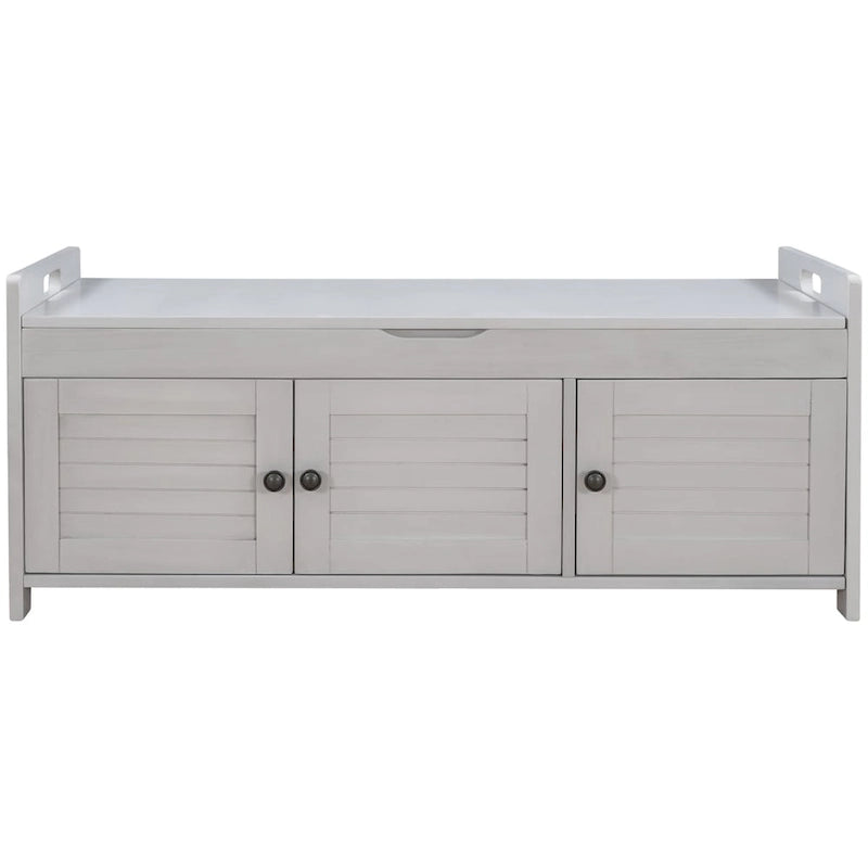 Storage Bench with 3 Shutter-shaped Doors, Shoe Bench with Removable Cushion and Hidden Storage Space