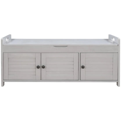 Storage Bench with 3 Shutter-shaped Doors, Shoe Bench with Removable Cushion and Hidden Storage Space