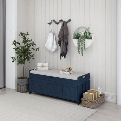 Storage Bench with 3 Shutter-shaped Doors, Shoe Bench with Removable Cushion and Hidden Storage Space