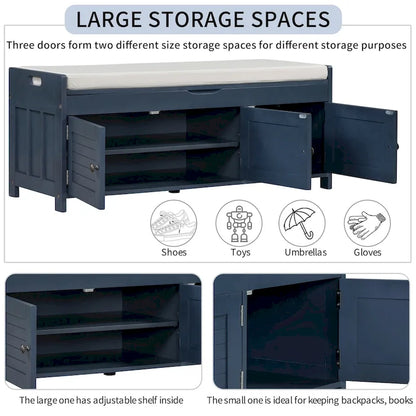 Storage Bench with 3 Shutter-shaped Doors, Shoe Bench with Removable Cushion and Hidden Storage Space