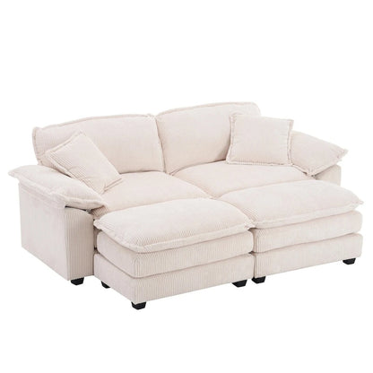 Modern 2-Seater Corduroy Sofa with 4 Support Pillows and 2 Ottomans