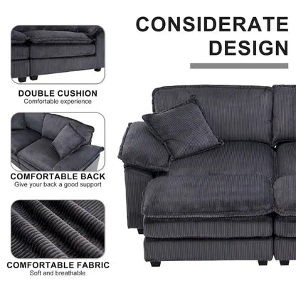 Modern 2-Seater Corduroy Sofa with 4 Support Pillows and 2 Ottomans