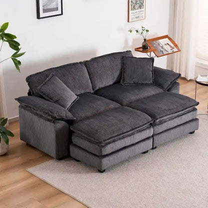 Modern 2-Seater Corduroy Sofa with 4 Support Pillows and 2 Ottomans