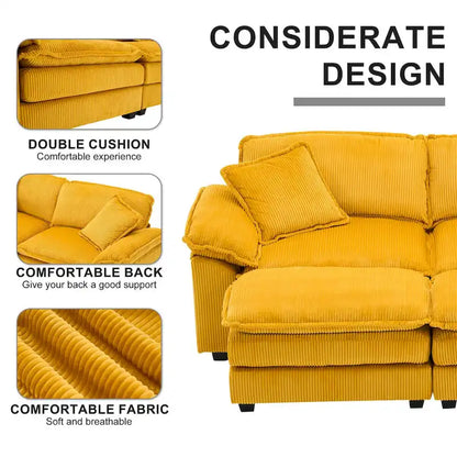 Modern 2-Seater Corduroy Sofa with 4 Support Pillows and 2 Ottomans