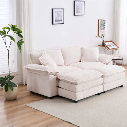 Modern 2-Seater Corduroy Sofa with 4 Support Pillows and 2 Ottomans