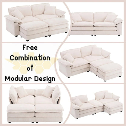 Modern 2-Seater Corduroy Sofa with 4 Support Pillows and 2 Ottomans