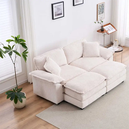 Modern 2-Seater Corduroy Sofa with 4 Support Pillows and 2 Ottomans