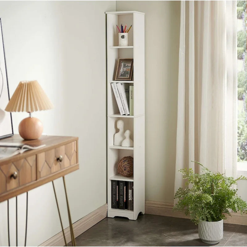 6-Tier Narrow Slim Storage Shelves Media Bookcase, White