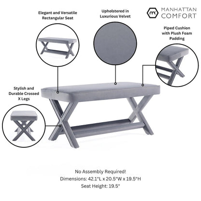 Manhattan Comfort Abigail Mid-Century Modern Velvet Upholstered Bench