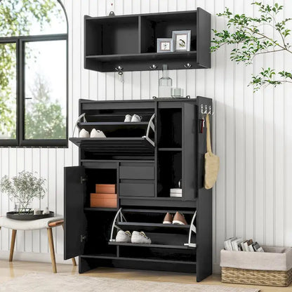 Shoe Cabinet with Wall Cabinet, Space-saving Design Foyer Cabinet with 2 Flip Drawers, Versatile Side Cabinet for Hallway, White