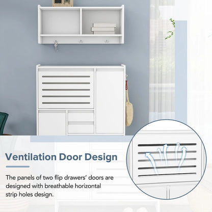 Shoe Cabinet with Wall Cabinet, Space-saving Design Foyer Cabinet with 2 Flip Drawers, Versatile Side Cabinet for Hallway, White